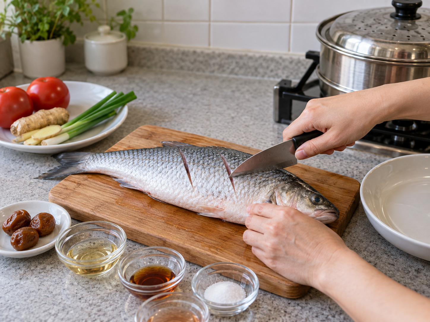 Teochew Steamed Mullet with Salted Plum — Score the fish