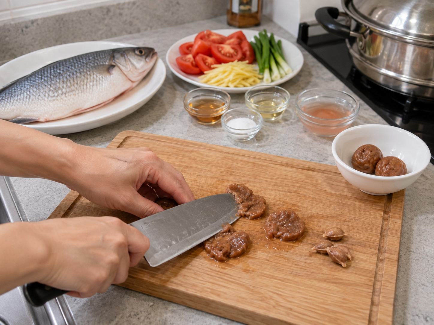 Teochew Steamed Mullet with Salted Plum — Crush the plums