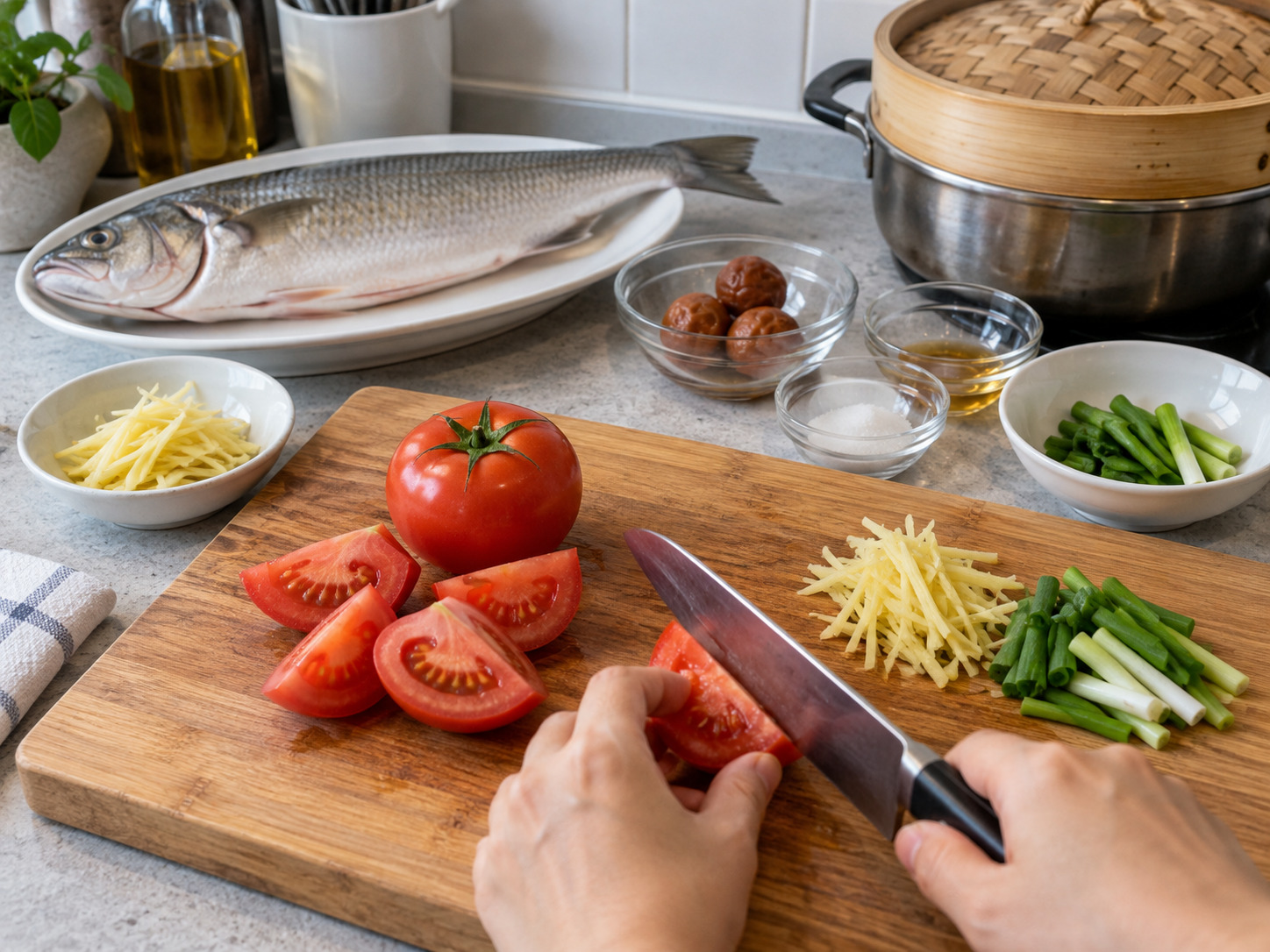 Teochew Steamed Mullet with Salted Plum — Cut the vegetables