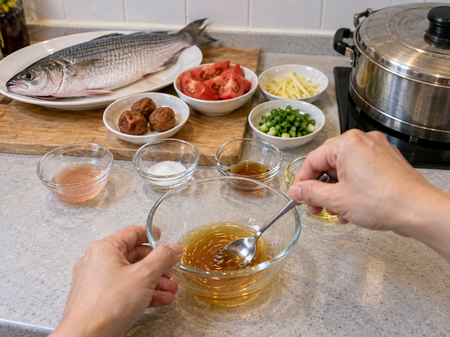 Teochew Steamed Mullet with Salted Plum — Mix the plum juice