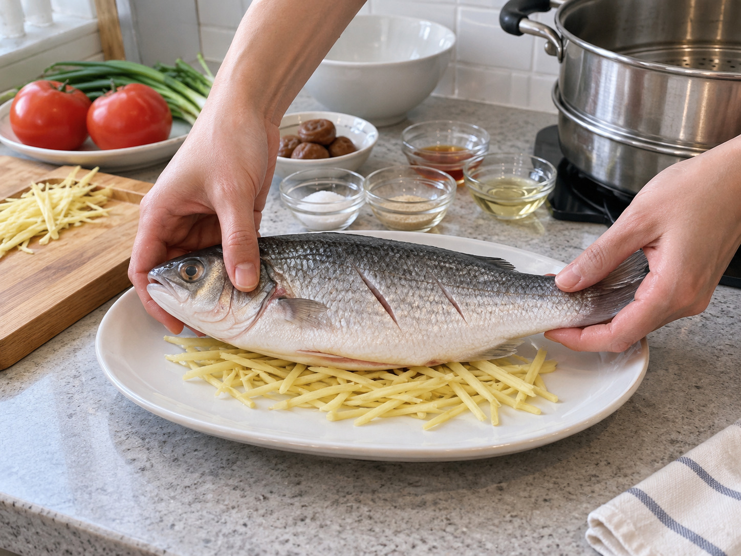 Teochew Steamed Mullet with Salted Plum — Make a ginger bed
