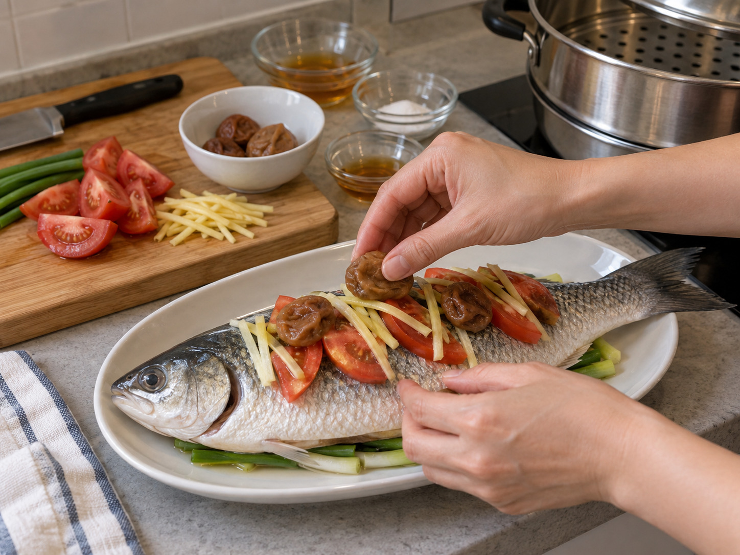 Teochew Steamed Mullet with Salted Plum — Add the toppings