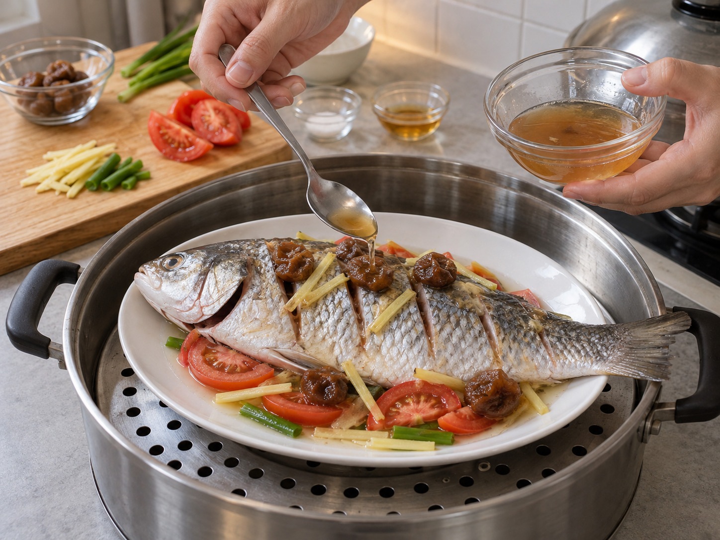 Teochew Steamed Mullet with Salted Plum — Add the plum juice