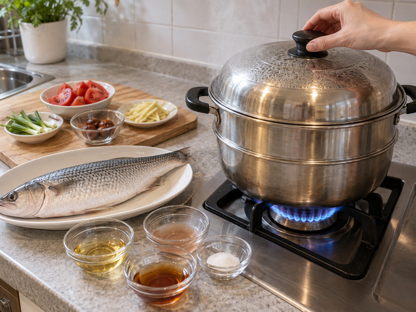 Teochew Steamed Mullet with Salted Plum — Preheat the steamer