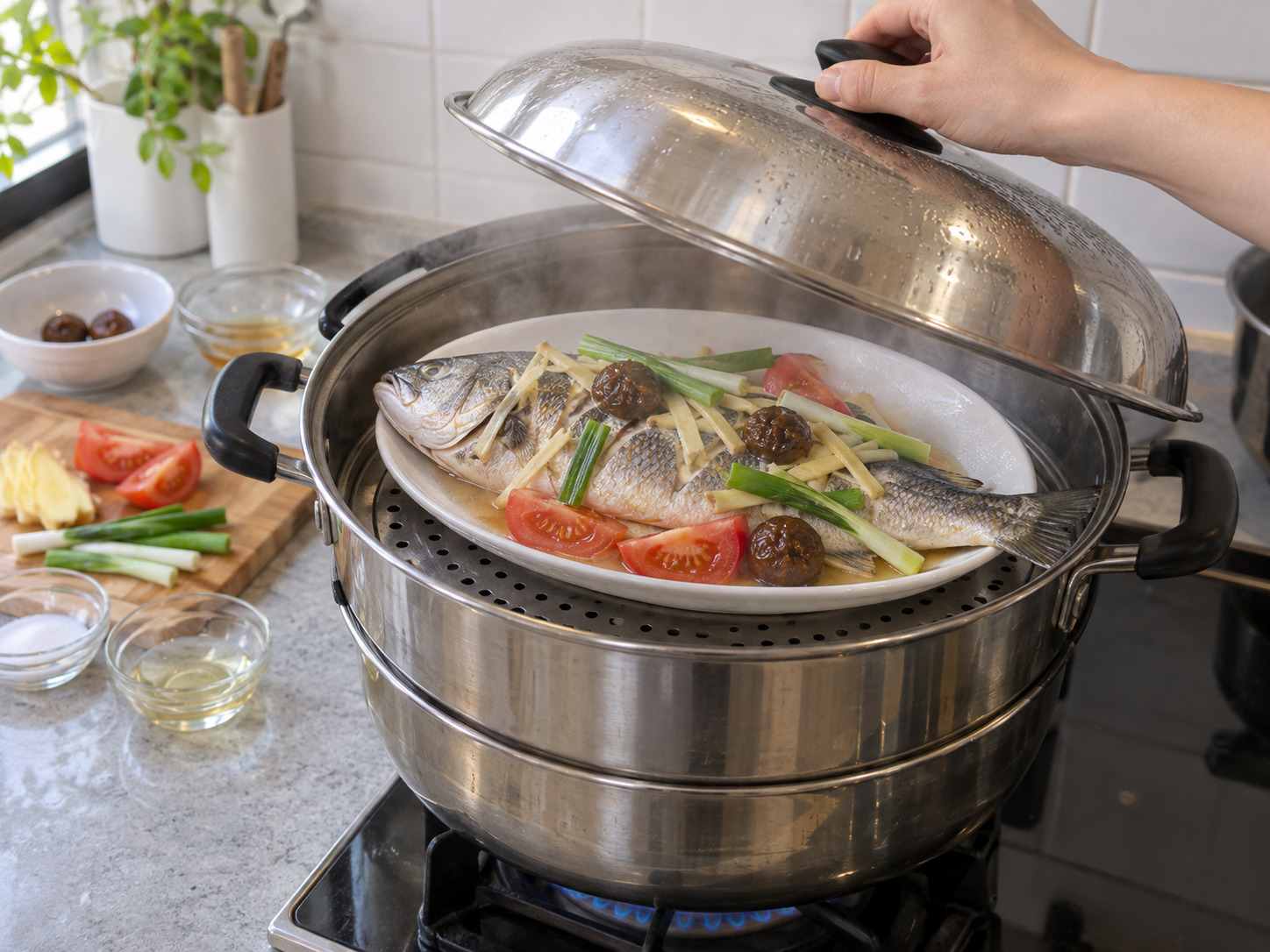 Teochew Steamed Mullet with Salted Plum — Steam the fish