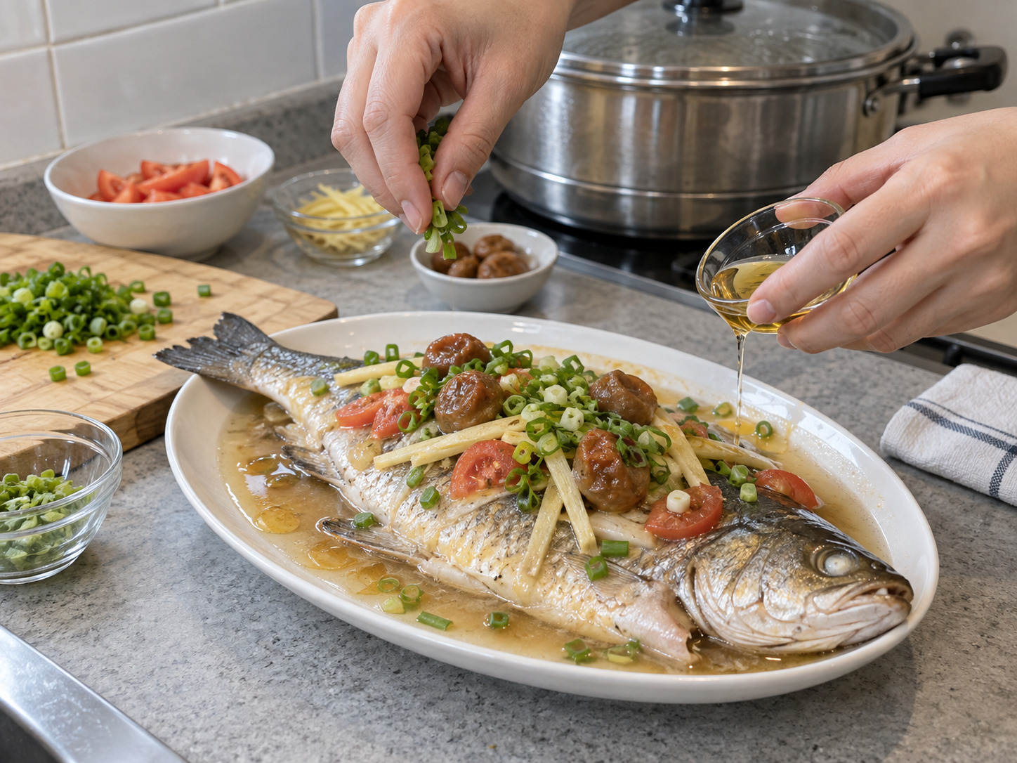 Teochew Steamed Mullet with Salted Plum — Finish and serve