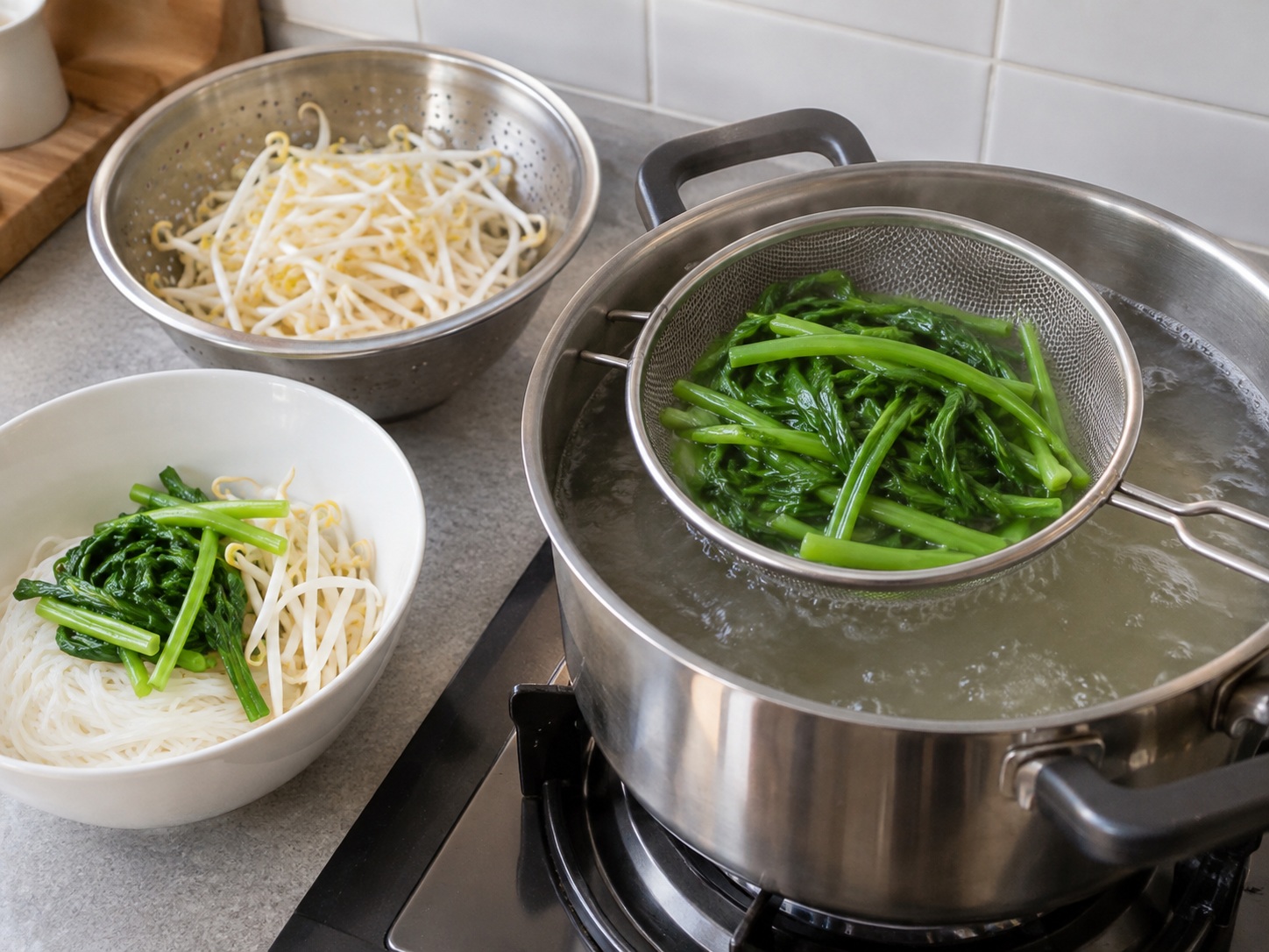 泰式香料牛肉船麵 — 灼熟菜芽