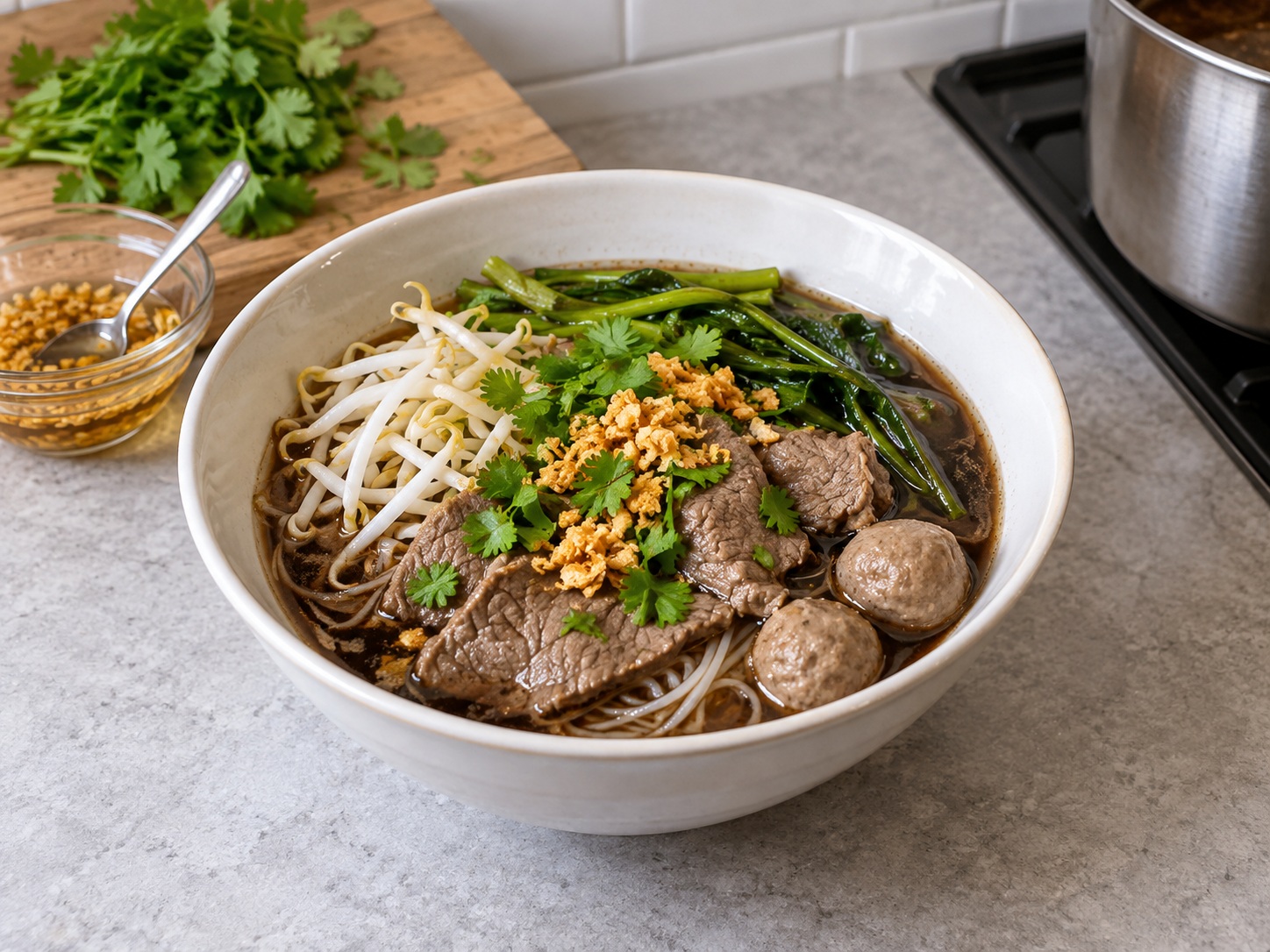 泰式香料牛肉船麵 — 加蒜油香草