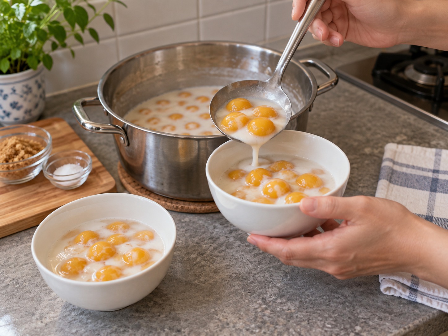 泰式南瓜椰奶糯米丸 Bua Loy — 挑走班蘭葉，連椰奶分碗，溫熱上桌