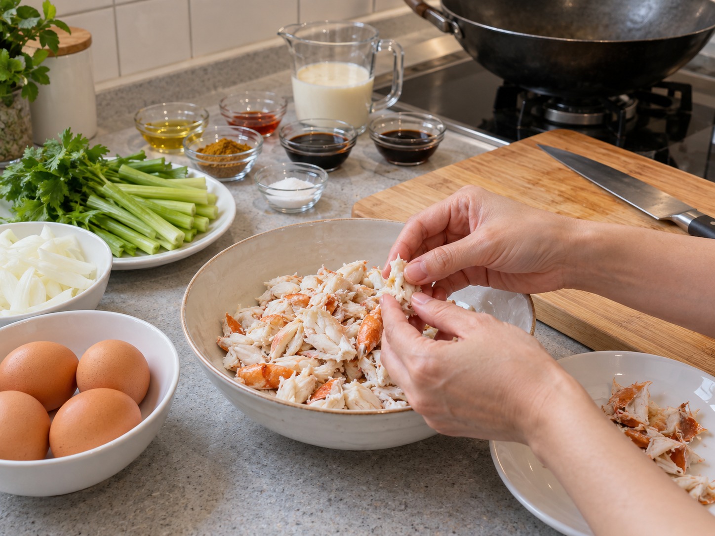 Thai Crab Curry Egg Stir-Fry — Check the cooked crab meat carefully and remove every shell fragment