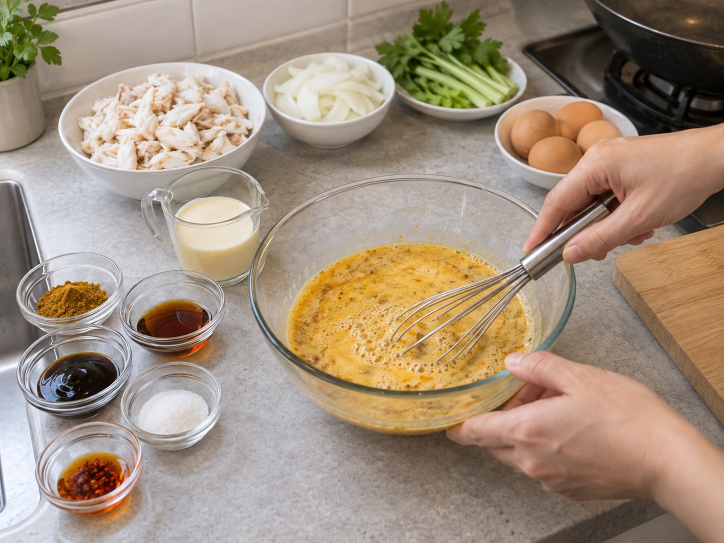 Thai Crab Curry Egg Stir-Fry — Whisk eggs, evaporated milk, curry powder, fish sauce, oyster sauce and sugar
