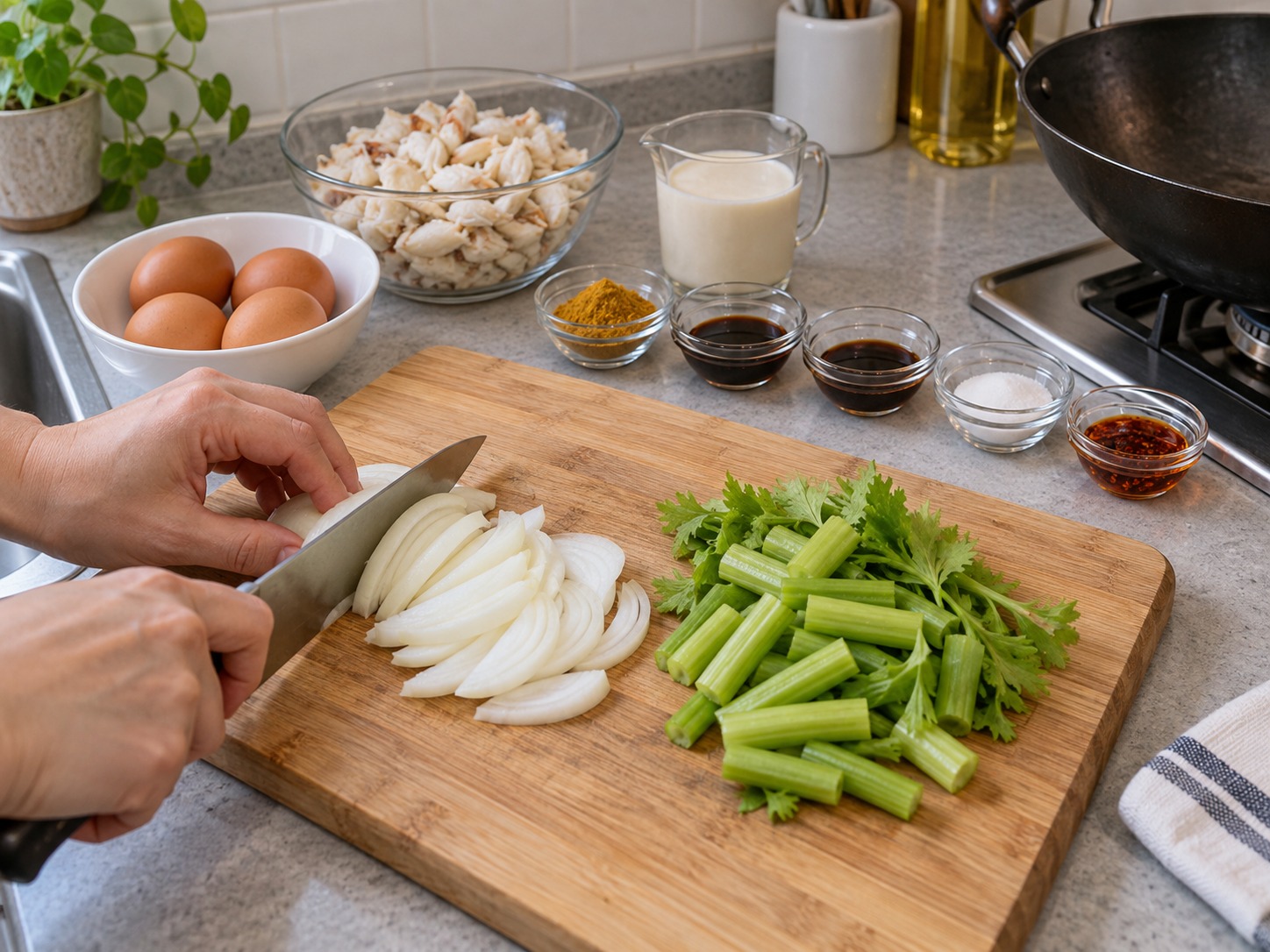 Thai Crab Curry Egg Stir-Fry — Slice the onion and cut the celery into sections