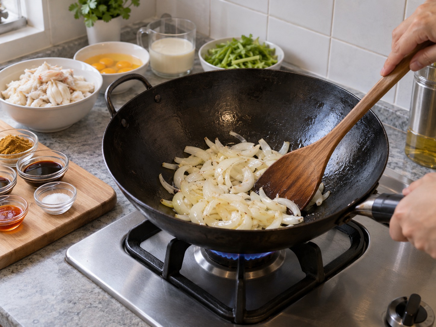 Thai Crab Curry Egg Stir-Fry — Heat oil in a wok and stir-fry onion until slightly tender