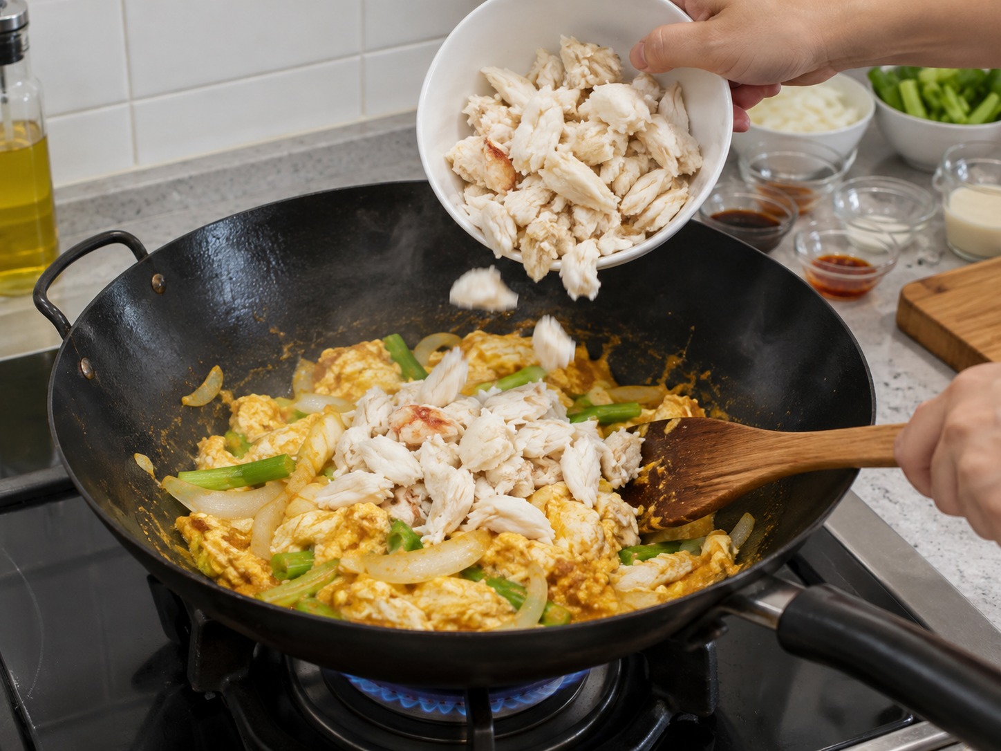 Thai Crab Curry Egg Stir-Fry — Add crab meat and stir gently until heated through