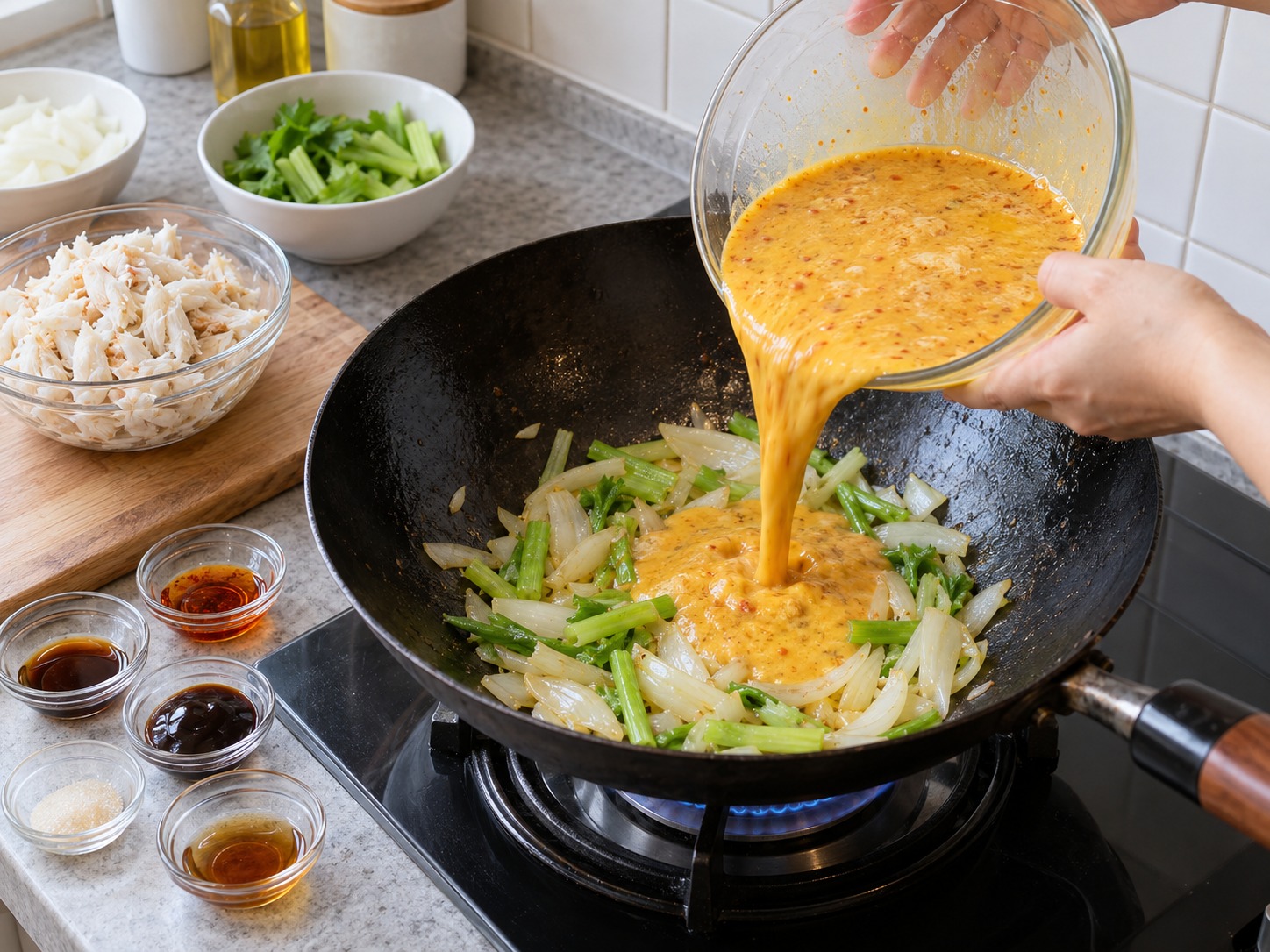 Thai Crab Curry Egg Stir-Fry — Lower to medium-low and pour in the curry egg mixture