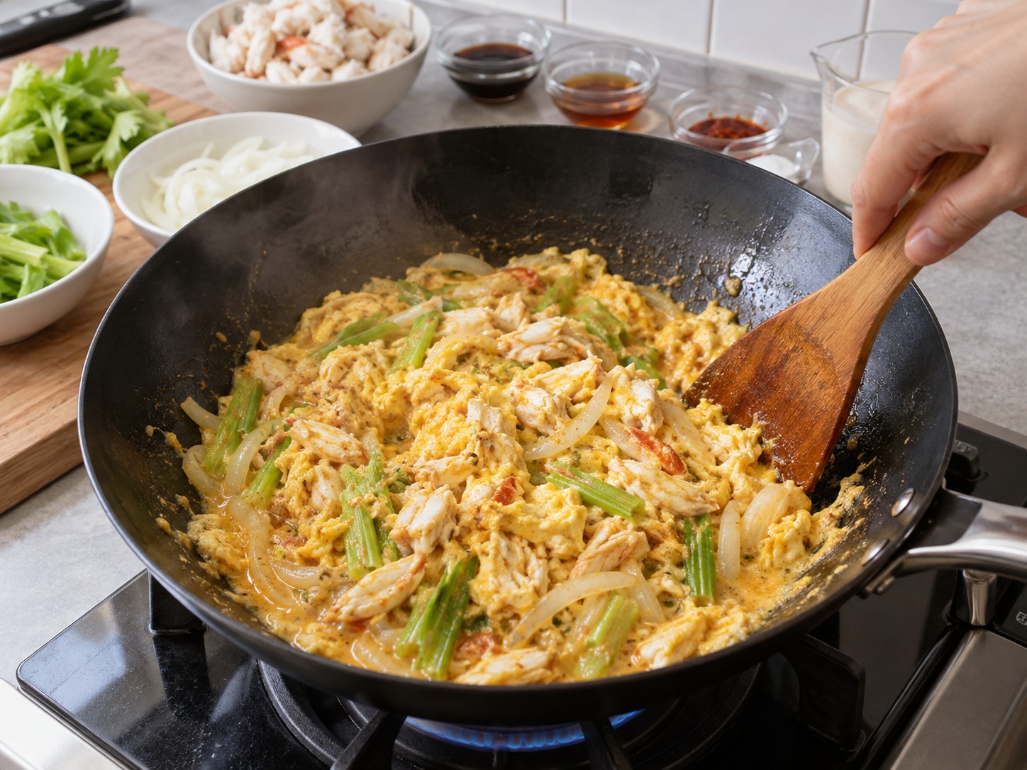 Thai Crab Curry Egg Stir-Fry — Push gently from the edges inward to form large soft curds