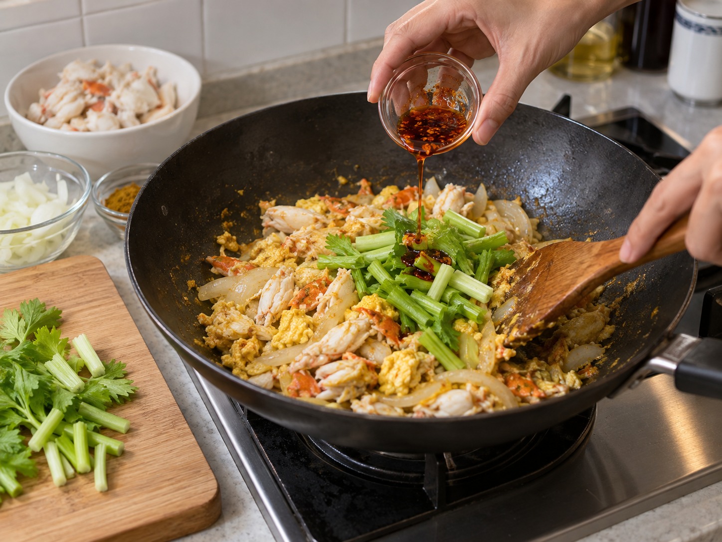 Thai Crab Curry Egg Stir-Fry — Add celery and chilli oil and fold gently