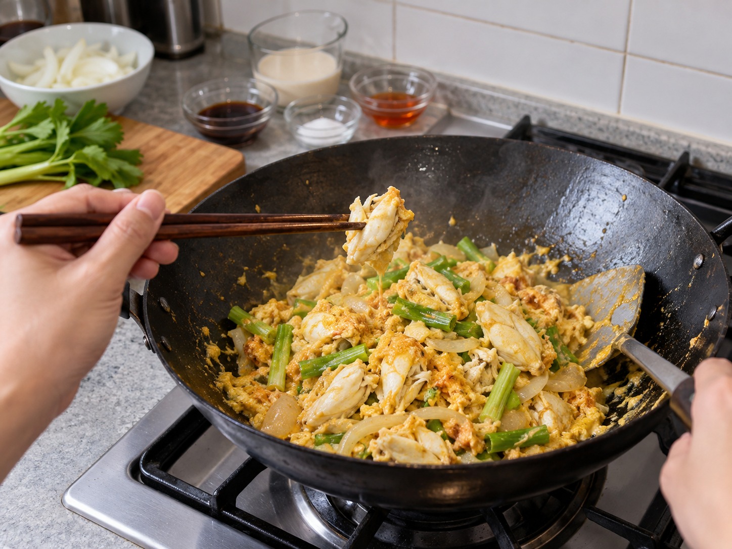 Thai Crab Curry Egg Stir-Fry — Confirm the crab is piping hot and the egg reaches a safe doneness