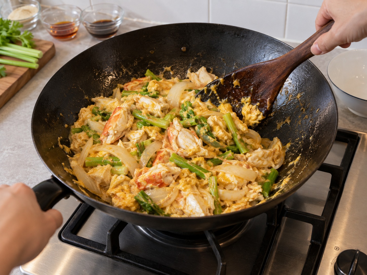 Thai Crab Curry Egg Stir-Fry — Turn off the heat and fold twice more to avoid overcooking