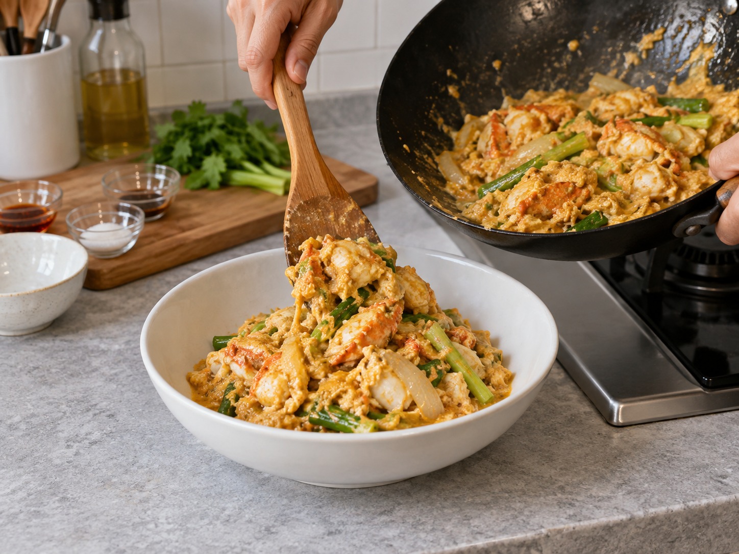 Thai Crab Curry Egg Stir-Fry — Serve the soft crab curry egg mixture immediately in a deep plate