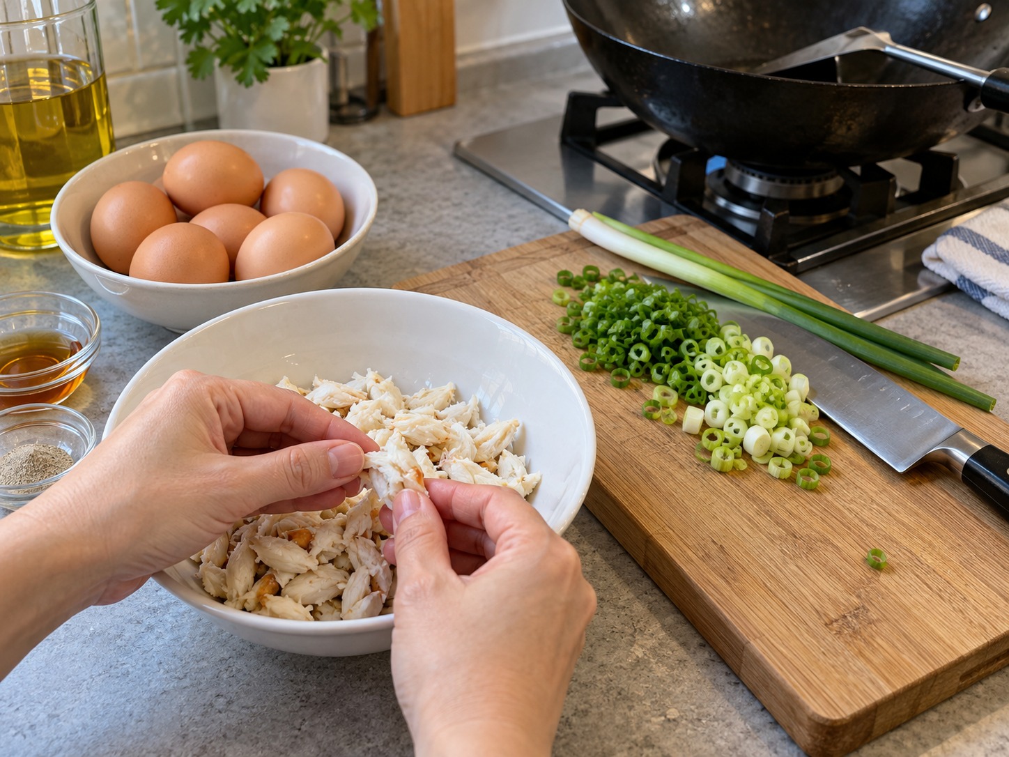 Thai Omelette na may Alimango — Suriin ang laman ng alimango at alisin ang piraso ng shell; tadtarin ang murang sibuyas