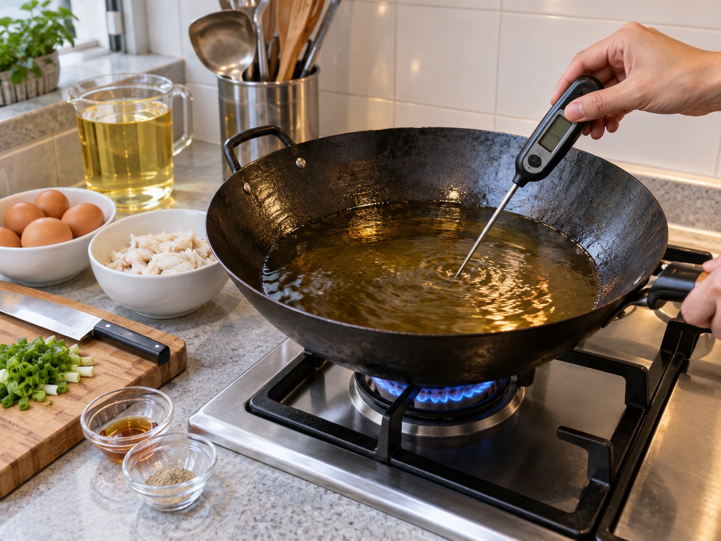 Thai Omelette na may Alimango — Painitin ang mantika sa wok sa katamtamang mataas na init hanggang mga 180°C