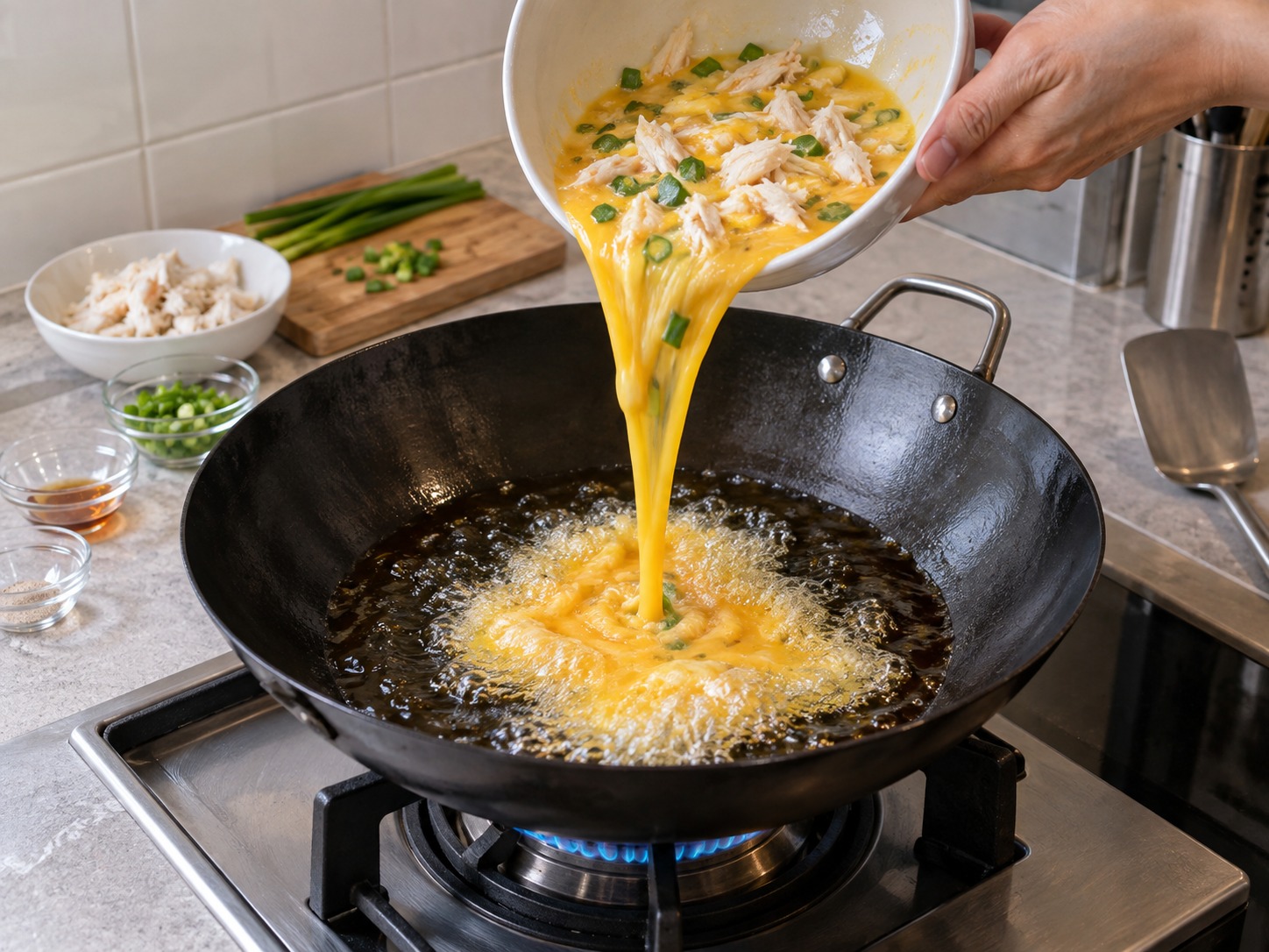 Thai Omelette na may Alimango — Ibuhos ang itlog sa gitna mula sa bahagyang taas upang mabilis kumalat ang gilid
