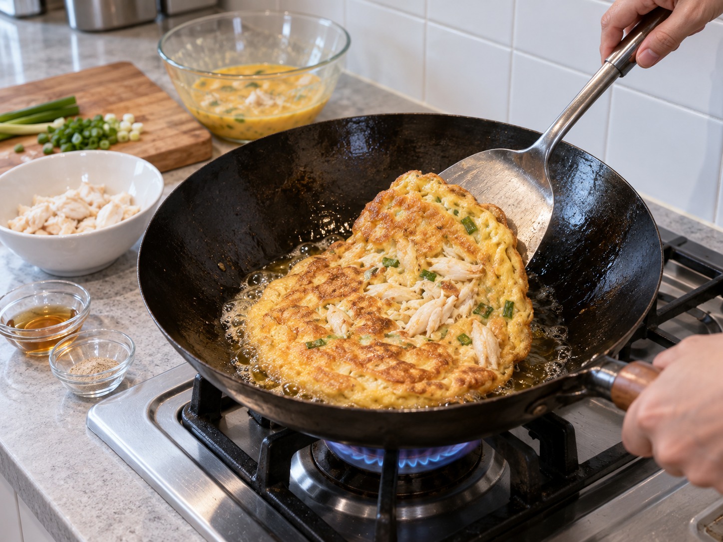 Thai Omelette na may Alimango — Maingat na baligtarin at iprito hanggang set ang kabilang panig