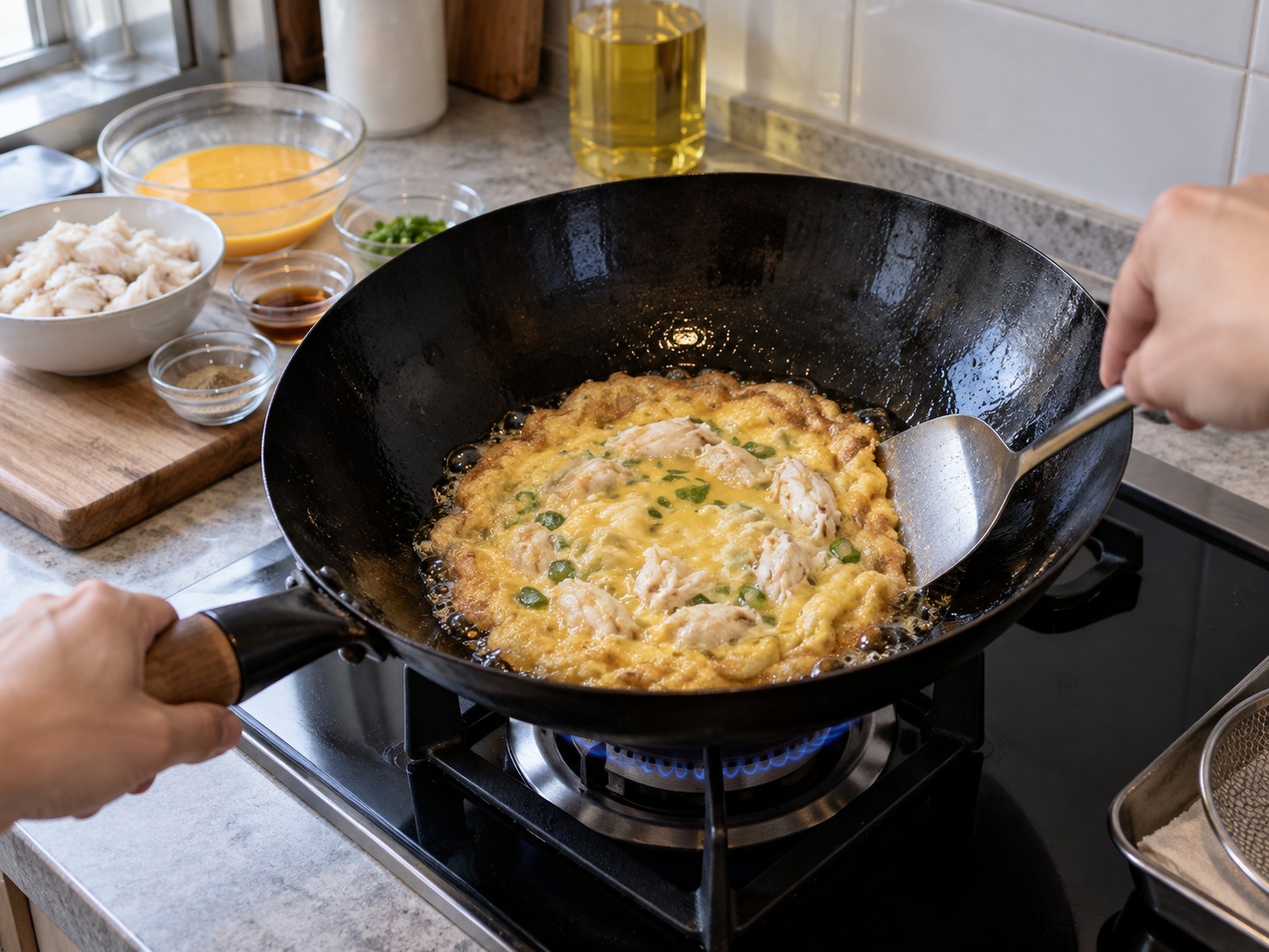 Thai Omelette na may Alimango — Hinaan sa katamtamang init upang maluto ang makapal na gitna nang hindi nasusunog