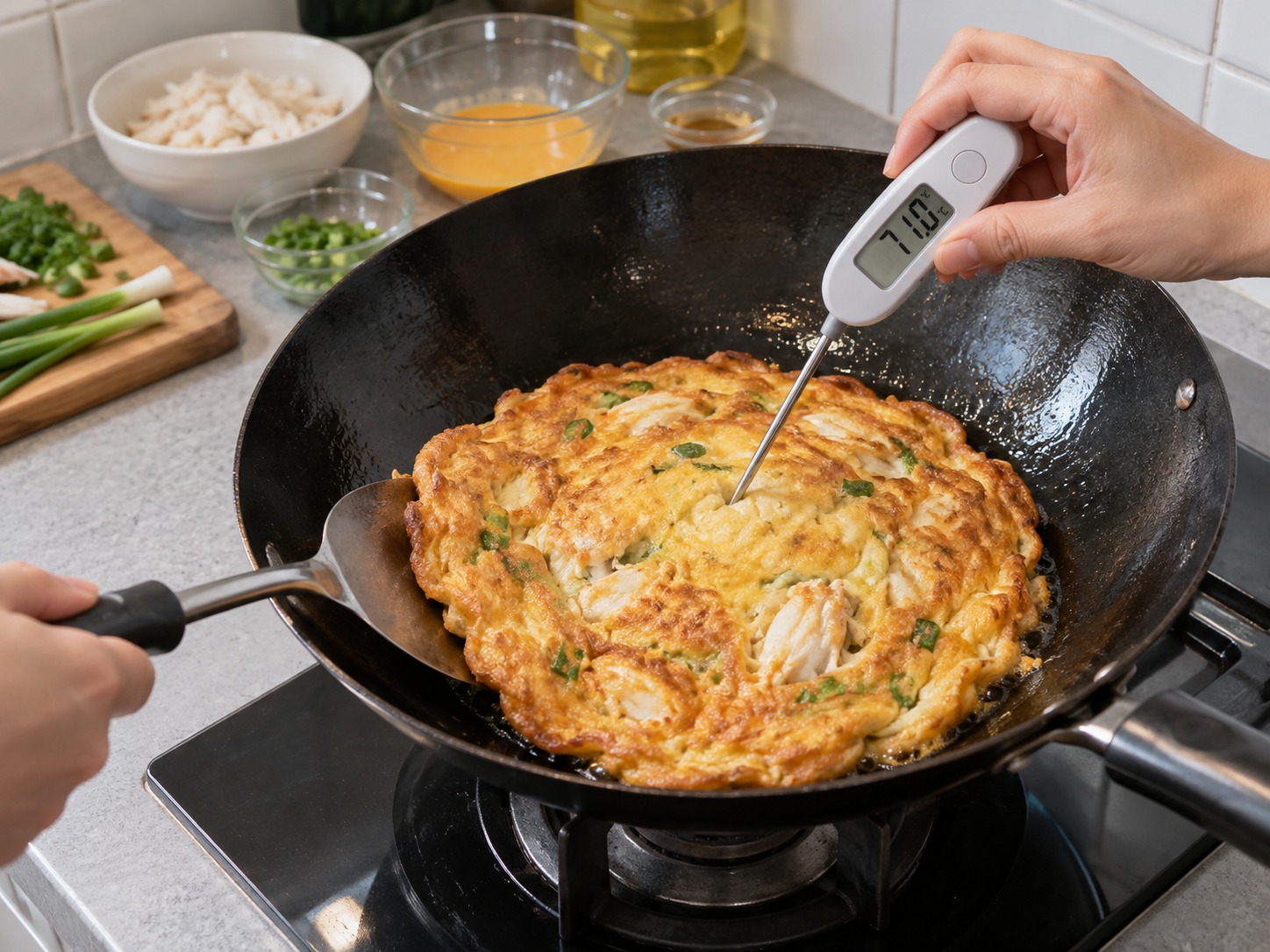 Thai Omelette na may Alimango — Tiyaking umabot sa 71°C ang gitna at walang hilaw na itlog
