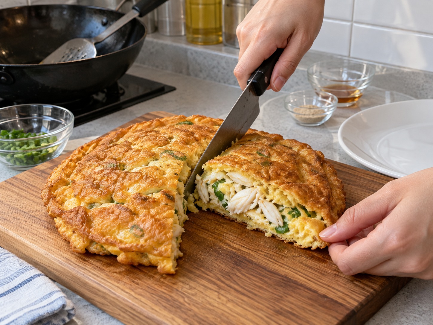 Thai Omelette na may Alimango — Hiwain upang makita ang alimango at ihain agad