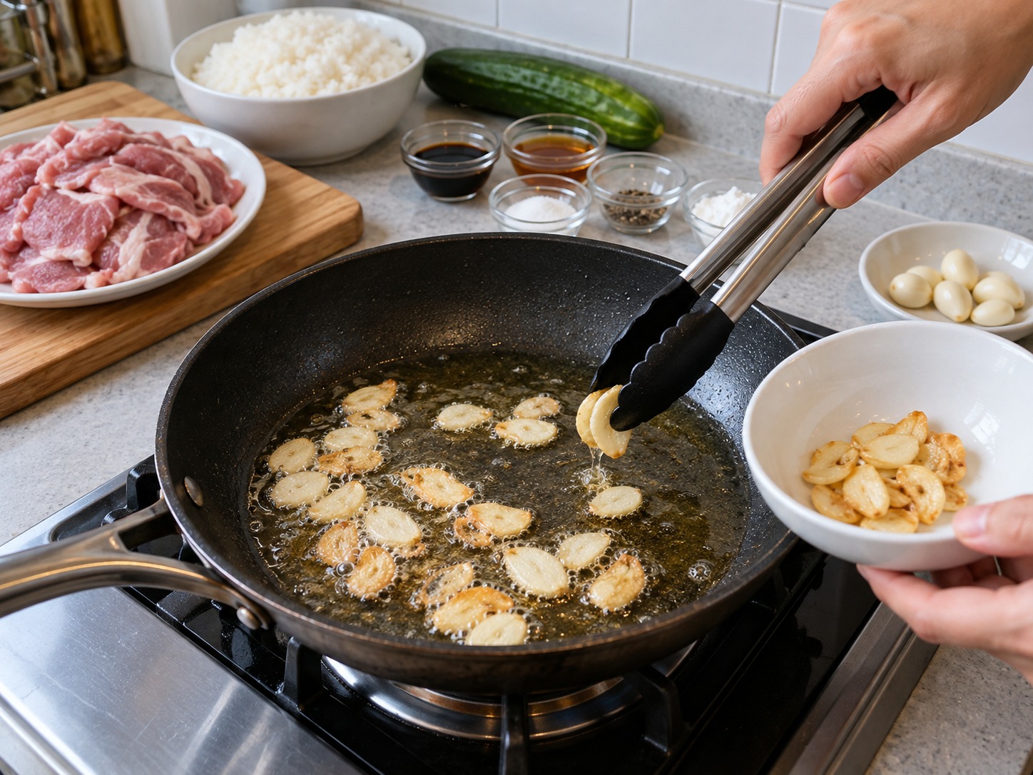 泰式炸蒜豬肉飯 — 加入蒜片，以中小火炸至淡金黃便撈起