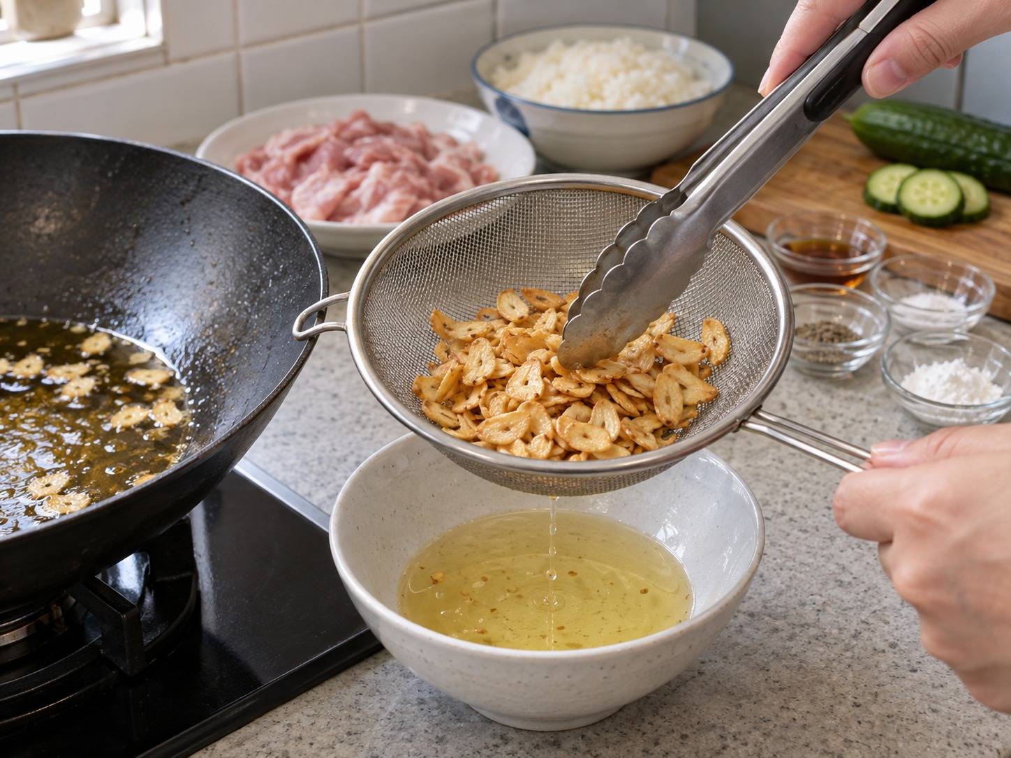 泰式炸蒜豬肉飯 — 把蒜片放濾篩瀝油；不要等至深啡色