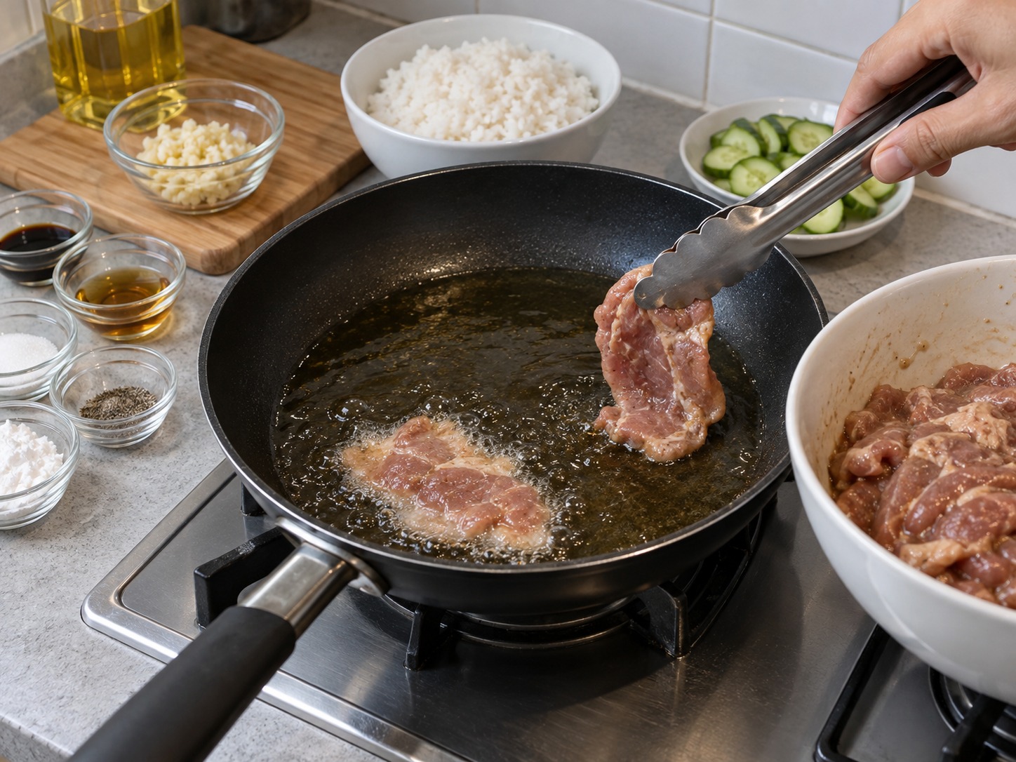 泰式炸蒜豬肉飯 — 醃豬肉分成兩批，第一批逐片放入熱油