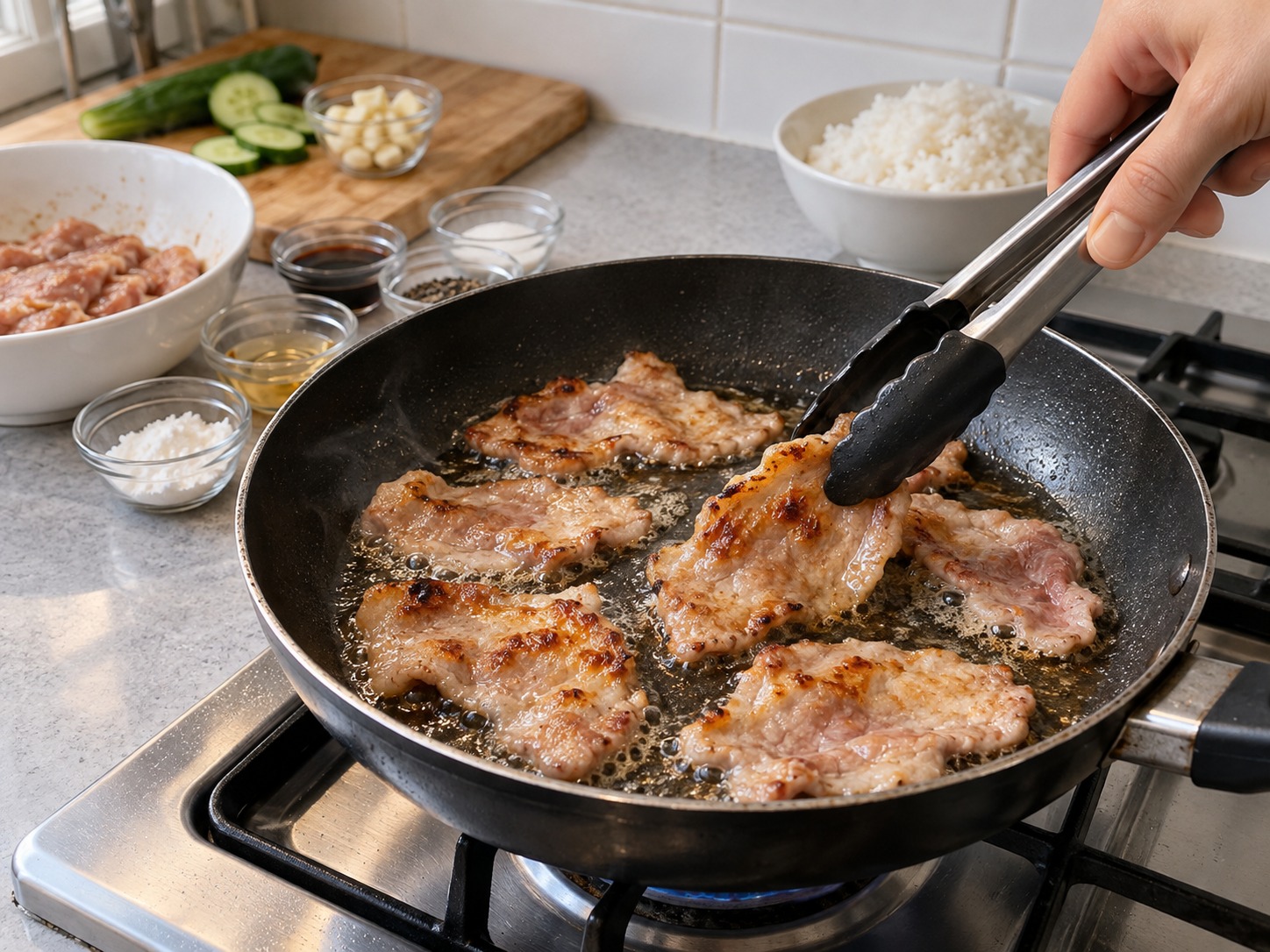 泰式炸蒜豬肉飯 — 每批炸三至四分鐘，中途翻面至表面金黃