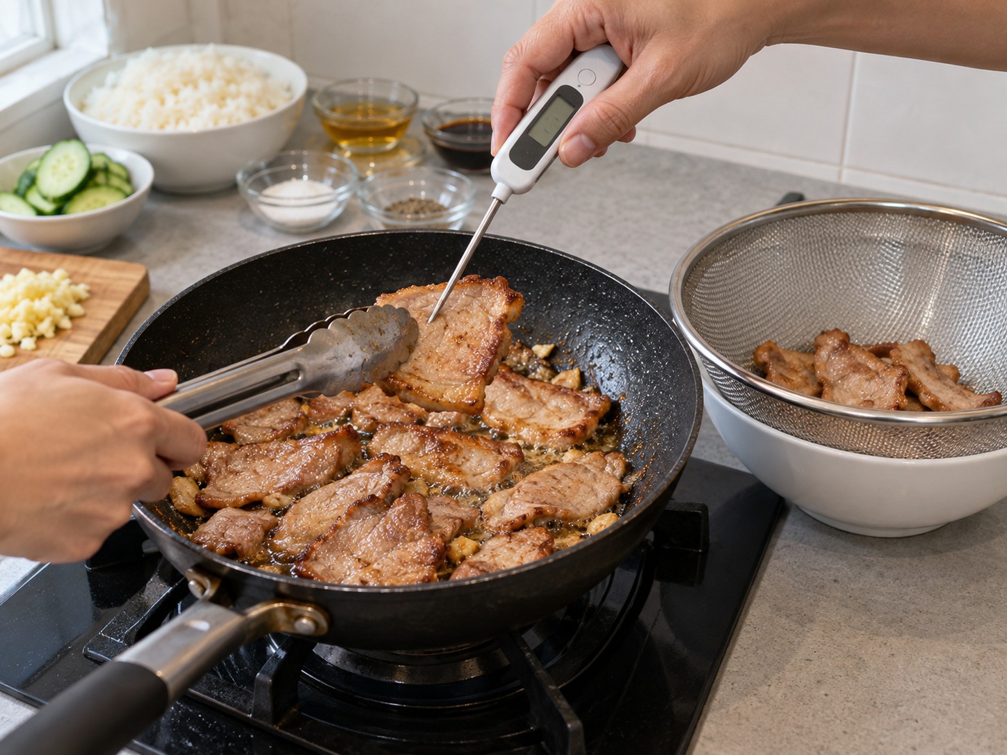 泰式炸蒜豬肉飯 — 量度最厚豬肉中心至少七十五度，撈起瀝油