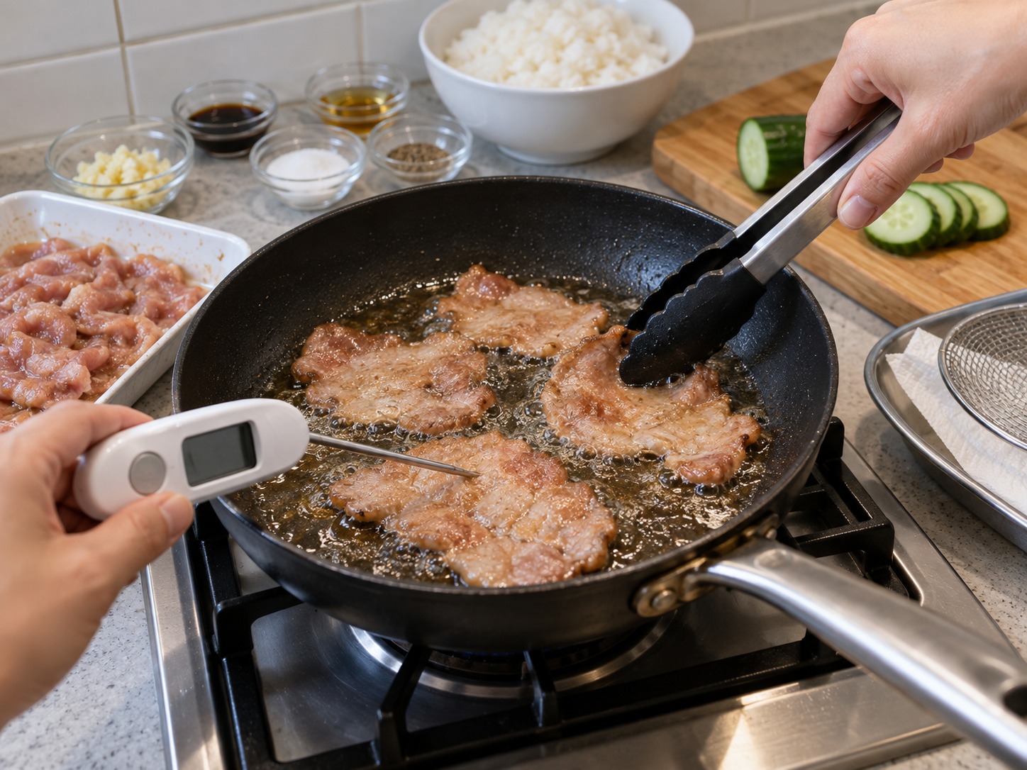 泰式炸蒜豬肉飯 — 以同樣方法炸熟第二批豬肉並確認溫度