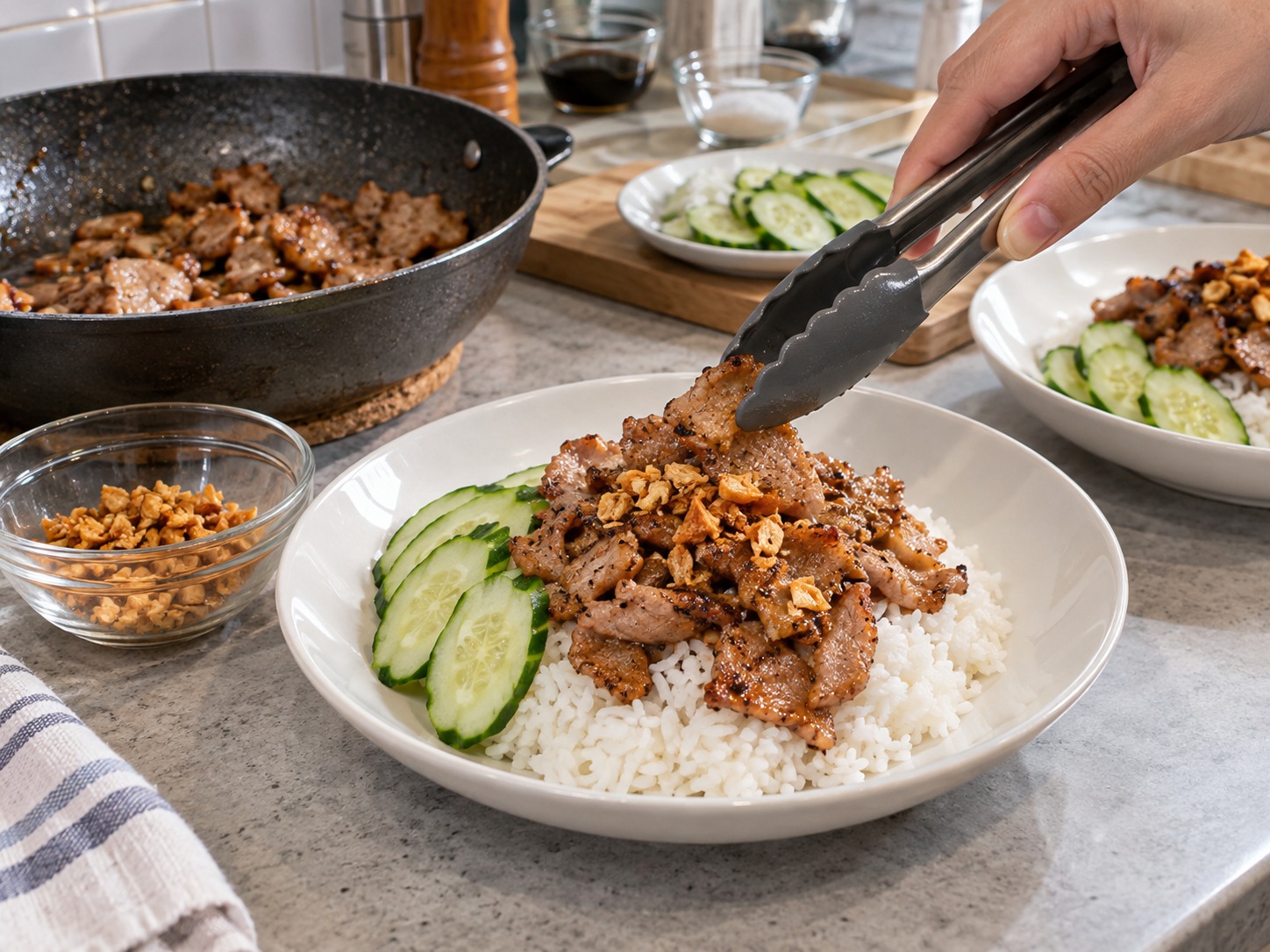 泰式炸蒜豬肉飯 — 熱飯分碟，放上豬肉、青瓜及酥蒜後立即享用