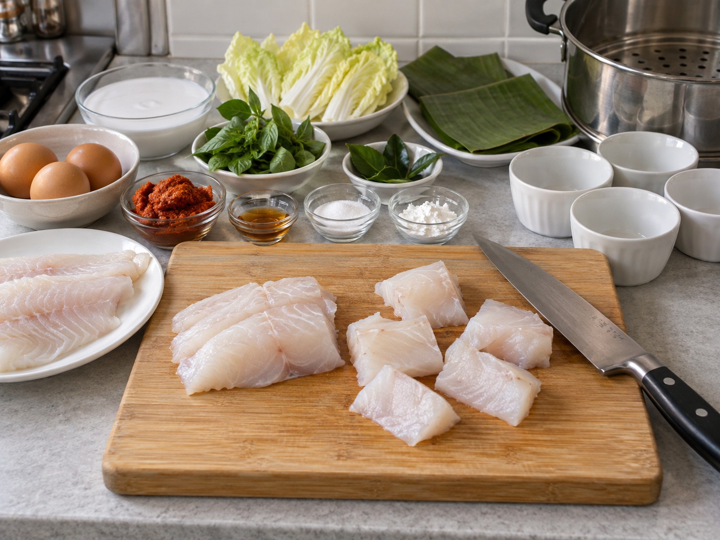 泰式咖喱魚肉蒸蛋 — 魚柳檢查魚骨後切成小塊