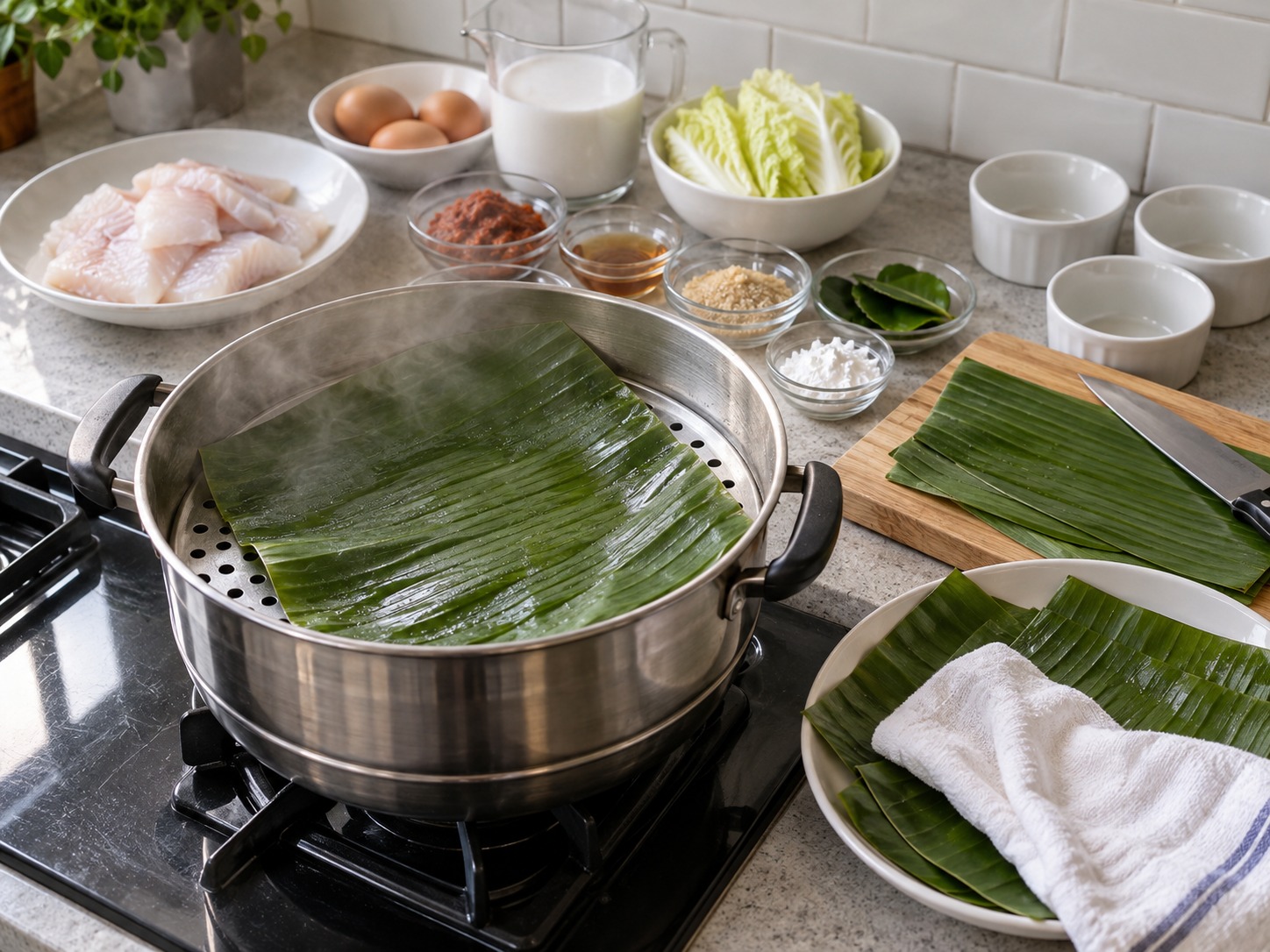 泰式咖喱魚肉蒸蛋 — 香蕉葉在蒸氣上燙軟，擦乾表面
