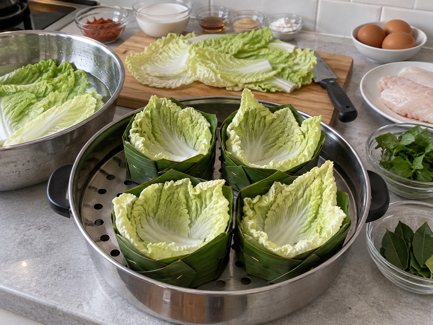 泰式咖喱魚肉蒸蛋 — 白菜葉洗淨，放入每個香蕉葉杯底部