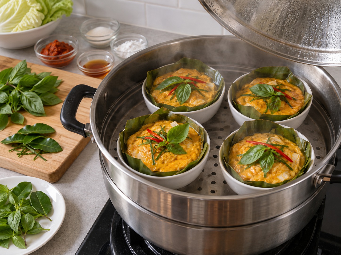泰式咖喱魚肉蒸蛋 — 放上羅勒和青檸葉絲，再蒸兩分鐘後趁熱上桌