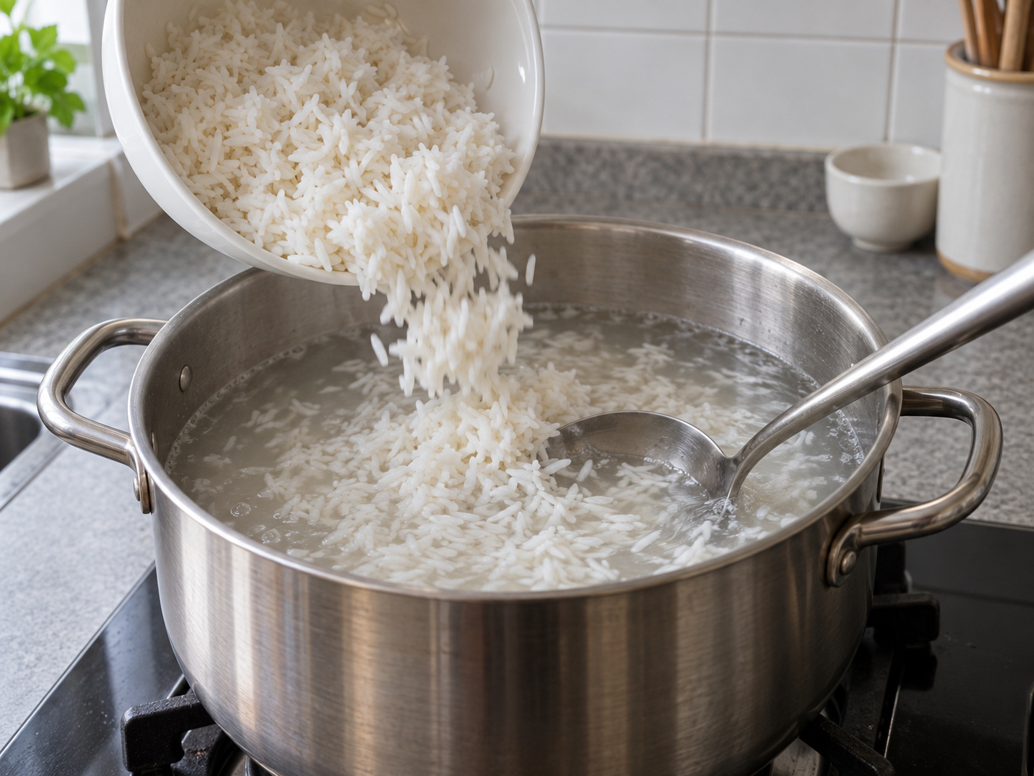 Jok na Lugaw na may Giniling na Baboy — 5. Magdagdag ng lutong kanin at haluin para lumuwag ang mga butil.