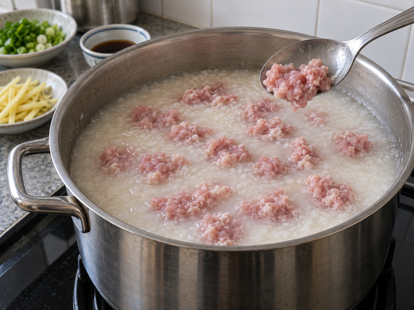 Jok na Lugaw na may Giniling na Baboy — 8. Magdagdag ng mga piraso ng baboy sa sinigang nang walang siksikan
