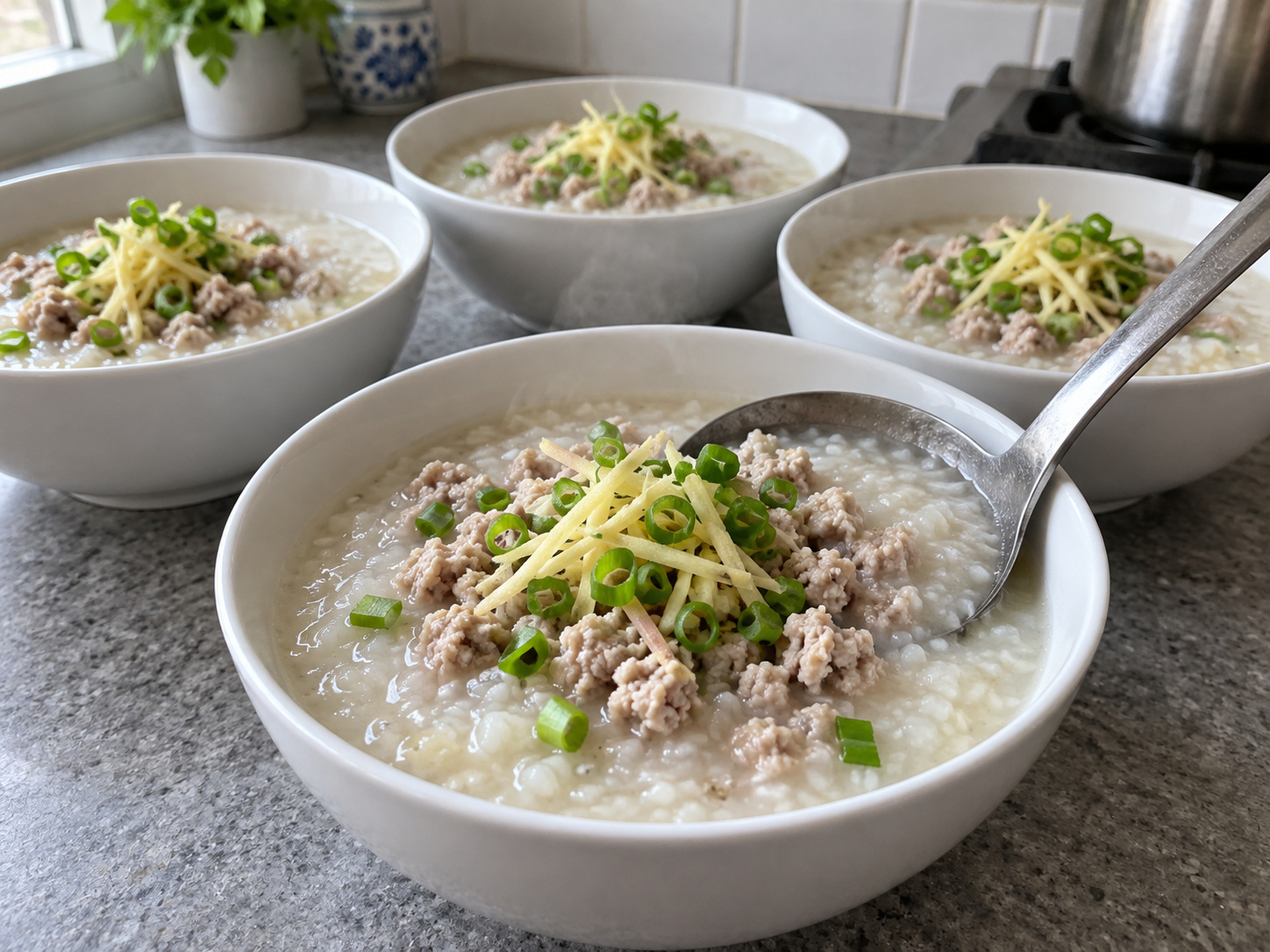 Jok na Lugaw na may Giniling na Baboy — 12. Ilagay ang lutong sinigang sa mga mangkok at itaas ng luya at mga