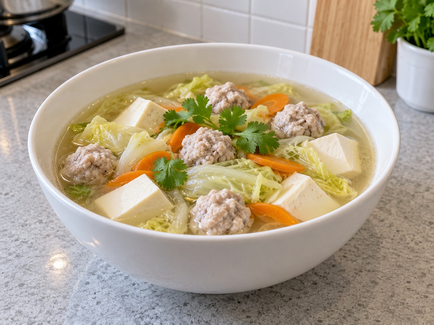 Thai Kaeng Jued Tofu and Minced Pork Soup — finished dish