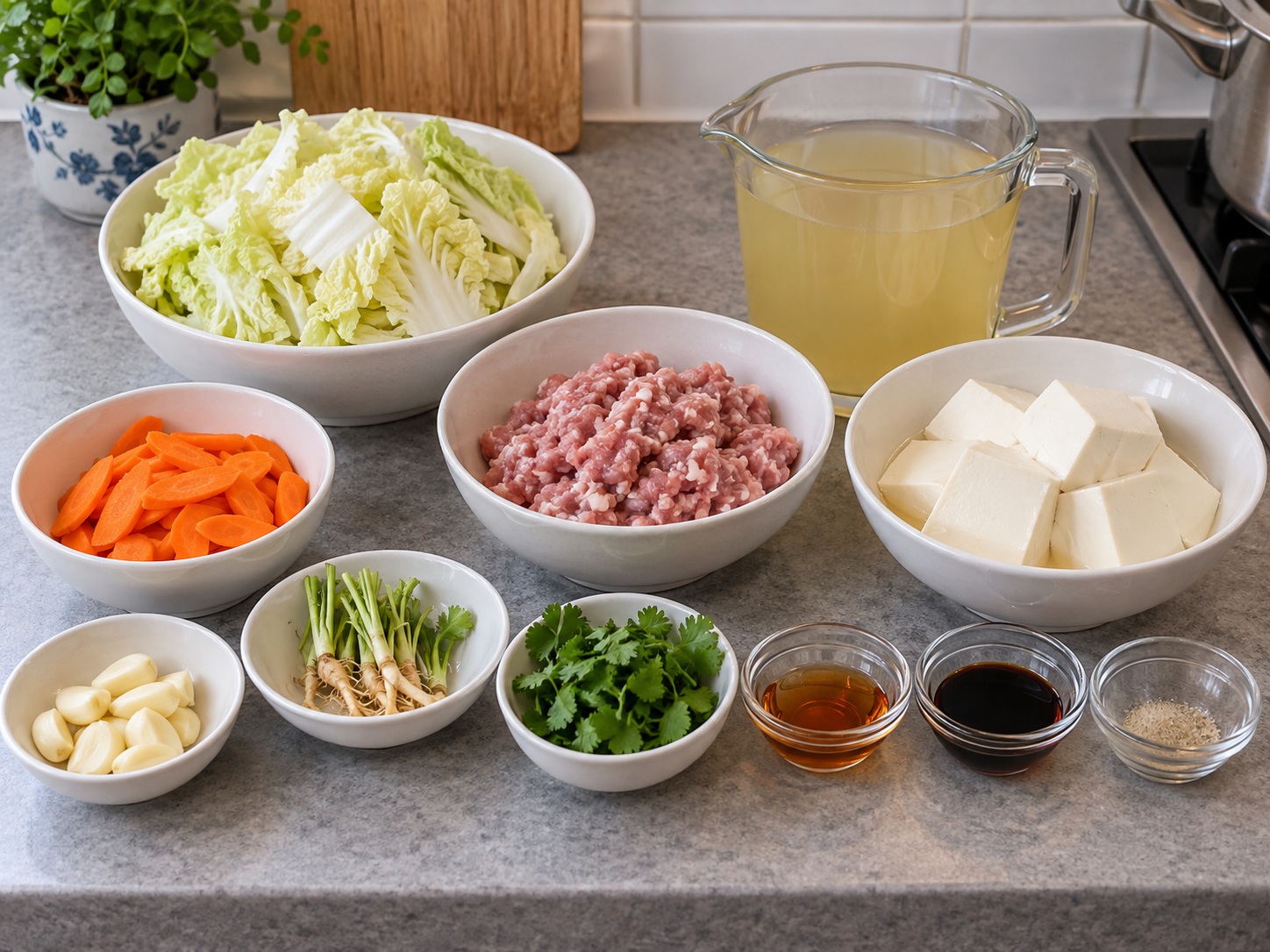 Thai Kaeng Jued Tofu and Minced Pork Soup — ingredients