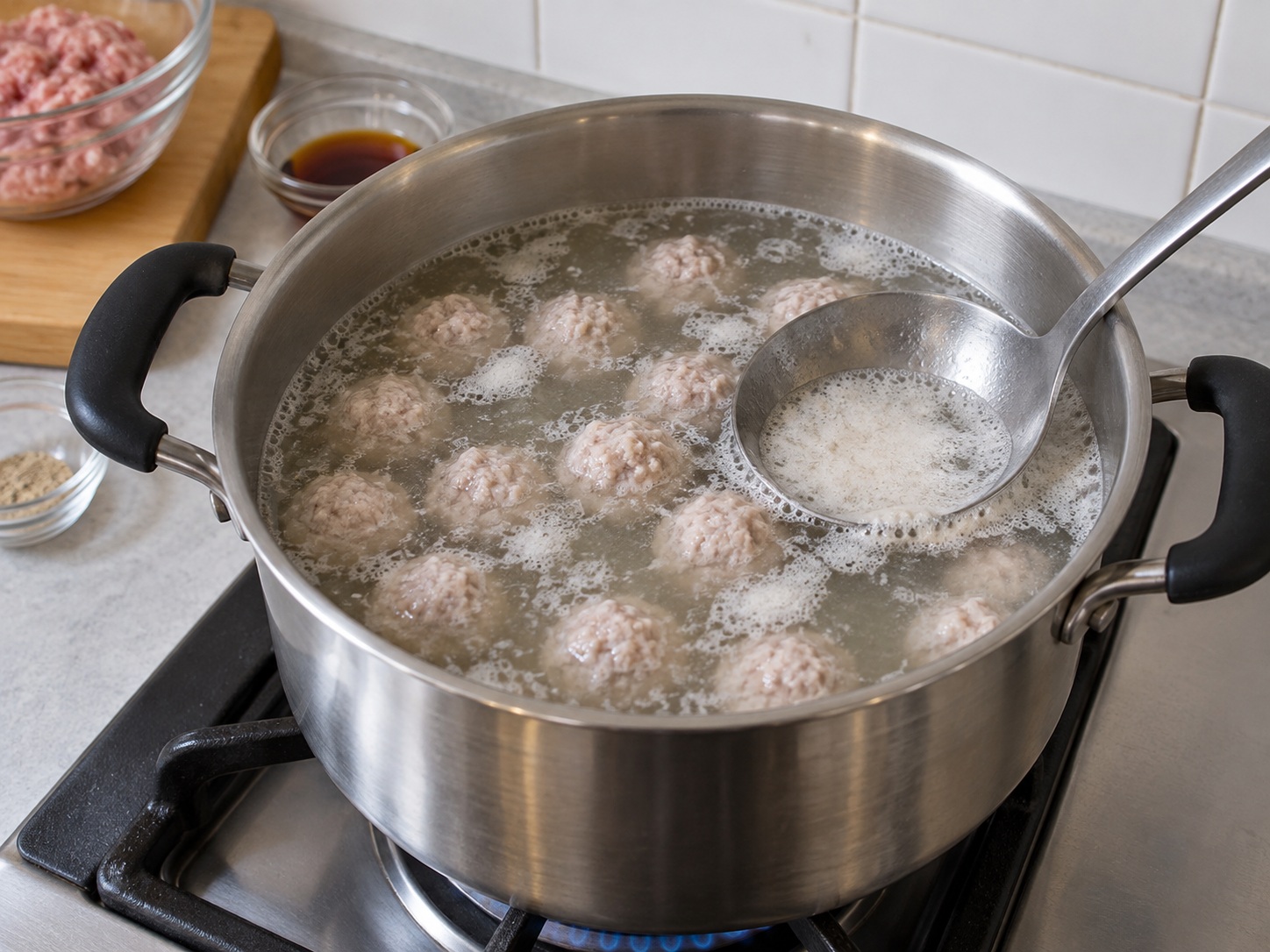 Thai Kaeng Jued Tofu and Minced Pork Soup — Add pork balls