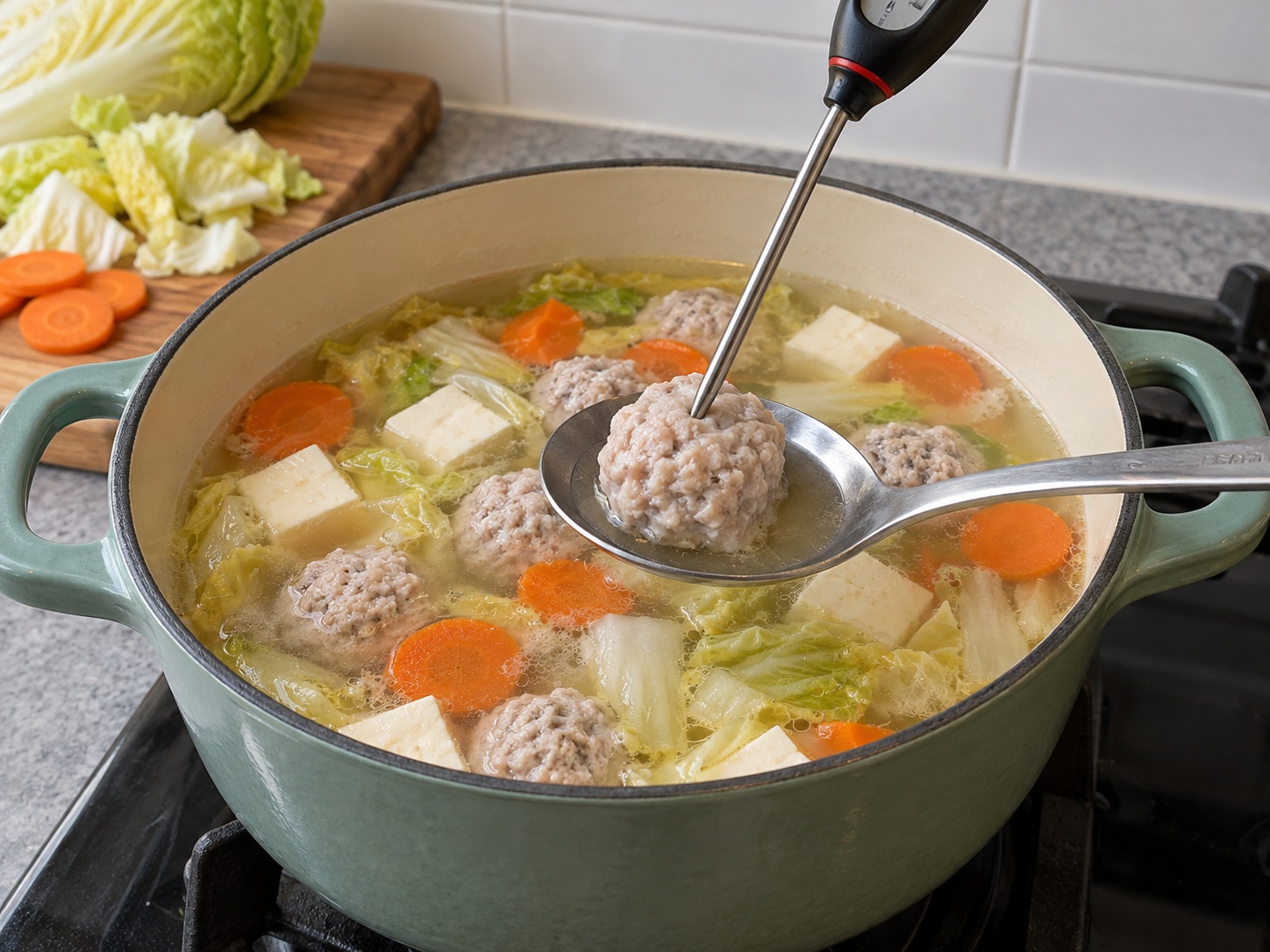 Thai Kaeng Jued Tofu and Minced Pork Soup — Check doneness
