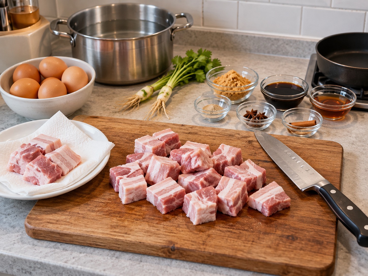 Thai Kai Palo Five-Spice Eggs and Pork — Cut pork belly into chunks and pat dry